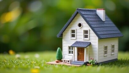 first time homebuyer concept. A miniature house model on green grass outdoors.