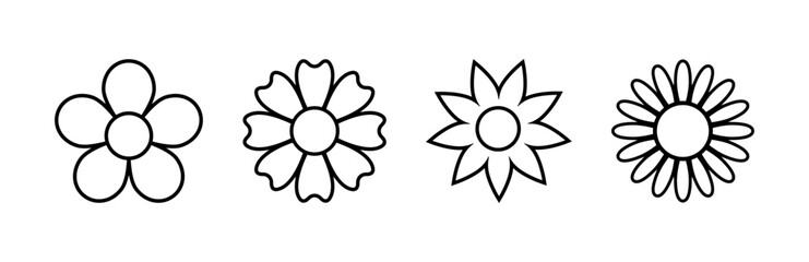 Flower icons in simple outline style set on a white background. Vector illustration
