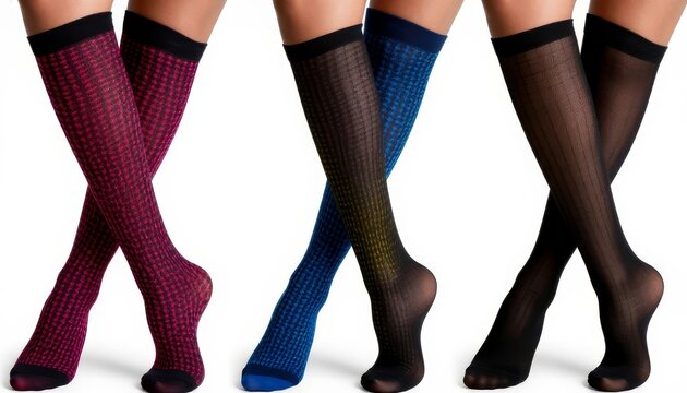 Women's legs wearing patterned colorful knee high socks and sheer black hosiery, crossing legs, displaying various fashion styles and textures on a white background avant-garde fashion shoot faceless