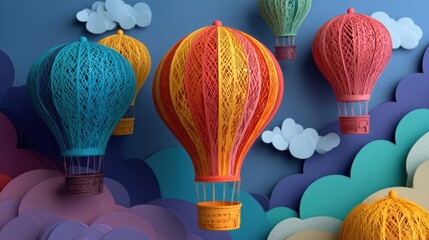 Colorful hot air balloons floating in a whimsical sky with clouds during a sunny day