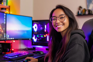 Professional Gamer Practicing Strategies on Dual Monitor RGB Setup