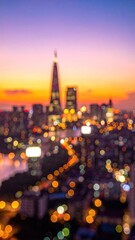 Out-of-focus city skyline at sunset, lights blurring below