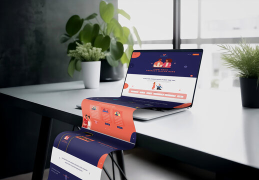  Long Scroll Website on Laptop, Editable Mockup Template.