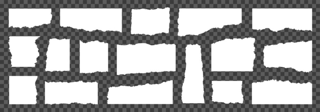 Torn paper pieces set isolated on transparent background, ragged memory sheets with uneven edges, ripped fragments of blank notebook pages, checkered edges, torn paper shape