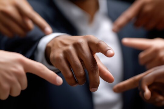 Diverse group pointing hands gesture in business setting reflecting teamwork and leadership