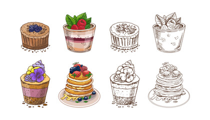 Hand drawn vintage dessert set with cupcakes, parfaits and pancakes with berries in color and monochrome version, isolated vector illustration