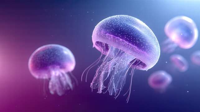 Realistic 3D Render Of Purple Jellyfish Floating In Deep Blue Ocean. Underwater Scene For Nature, Wildlife, And Marine Life Projects