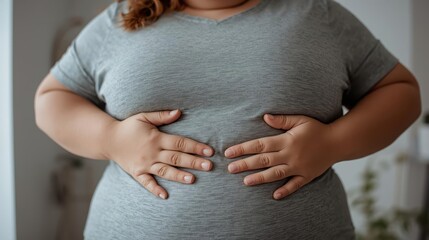Woman with Hands on Belly Reflecting Emotions and Wellness Journey