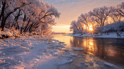 Christmas frozen riverbank glowing at sunrise 