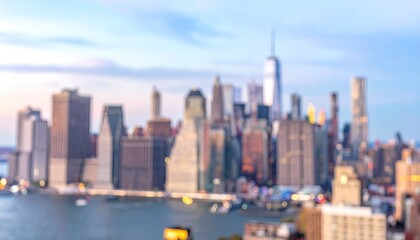 Blurred city skyline at dusk, skyscrapers, and waterfront