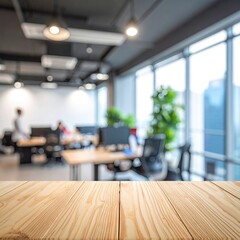 Wooden table with blurred office space as background