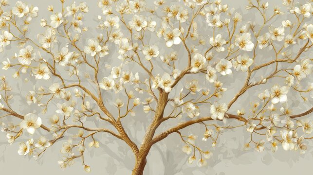 Beautiful cherry blossom tree in full bloom showcasing delicate white flowers against a light background