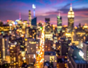 Out-of-focus cityscape at twilight, bright city lights glow