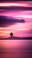 Sunset, long exposure, single tree on a small island