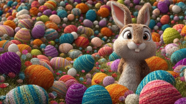 Cute rabbit exploring a colorful field of Easter eggs surrounded by flowers and bright colors in a vibrant landscape during springtime