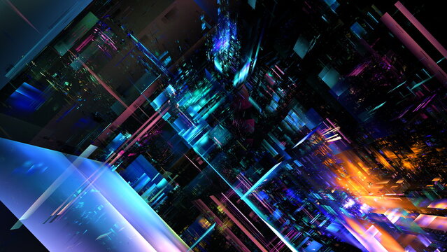 Futuristic cityscape at night. Bright colors and abstract patterns illustrate a lively urban environment, filled with energy and movement. 3d render