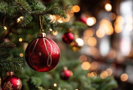 Christmas tree branches holding red bauble decorations, festive lights, and glowing bokeh with copy space for holiday design