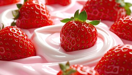 Strawberries nestled in light pink swirl of cream