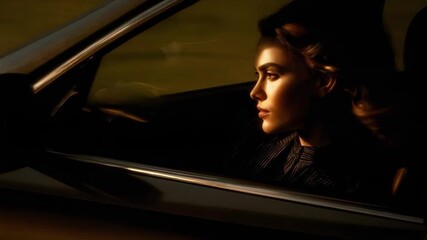 A woman driving at night, her profile softly lit by warm cabin light as she looks ahead through the car window. - Powered by Adobe