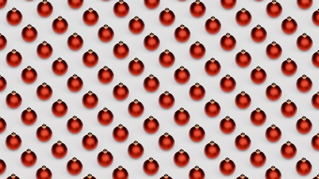 Red Christmas balls ornaments are neatly arranged in a repetitive pattern on a white surface, creating a festive and cheerful atmosphere for the holiday season. 3d render