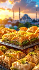 Baklava, dessert layered with pistachios and blurred skyline