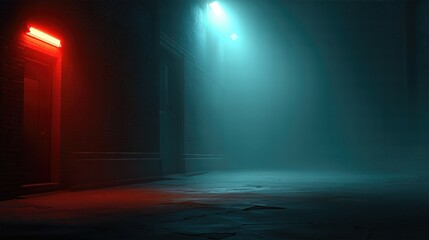 Moody Urban Alleyway Illuminated By Red And Blue Neon Lights In Fog. Mysterious Night Street Scene For Film Noir, Sci-Fi, Cyberpunk, Urban Visuals