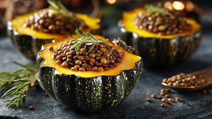 An acorn squash halves filled with lentils, balanced composition, concrete surface