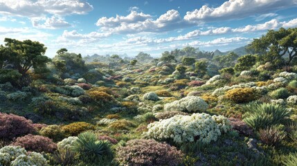 Vibrant landscape with lush vegetation rolling hills and a cloudy sky