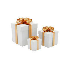 White gift boxes with golden ribbon flying isolated on transparent