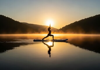 Woman in yoga pose on paddleboard at sunrise with reflection on water in a serene landscape view