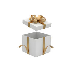 White gift boxes with golden ribbon flying isolated on transparent