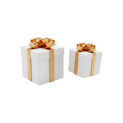 White gift boxes with golden ribbon flying isolated on transparent