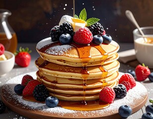 Stack of pancakes with berries, butter, and syrup