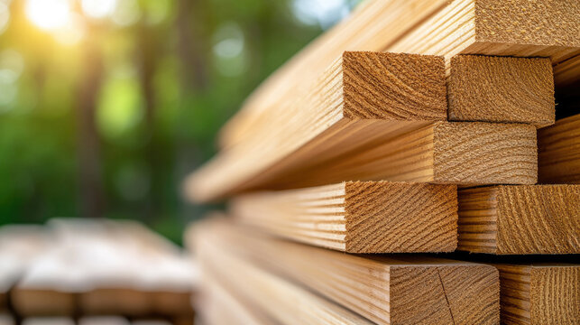 wood planks and building materials stacked in outdoor construction market, organized retail storage - Powered by Adobe