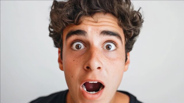 A young man with curly hair displays shock and amazement on his face.
