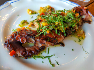 Grilled Octopus with Herbs and Colorful Vegetable Garnish