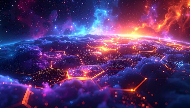Futuristic digital world with glowing hexagons and celestial background