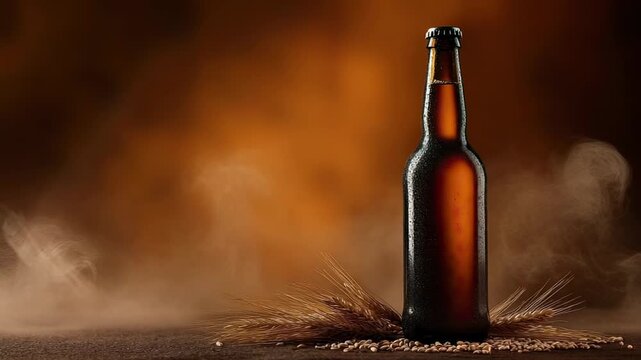 A capped brown glass bottle with condensation surrounded by grain stalks and kernels on a dark surface against a warm hazy background