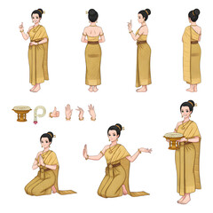 Set of women thai dress character. illustration design.