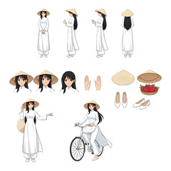 Set of women Vietnamese dress character. illustration design.