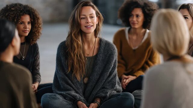Empowered women gathering for mindful discussions in a serene indoor setting during a wellness retreat on a peaceful afternoon