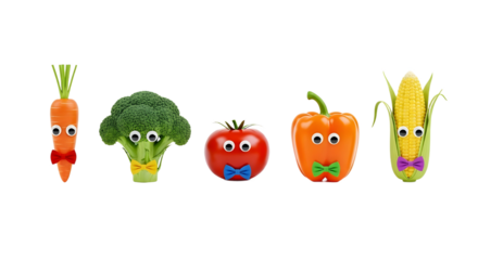 Cute and funny vegetable characters wearing bow ties for healthy eating concept isolated PNG with Transparent Background