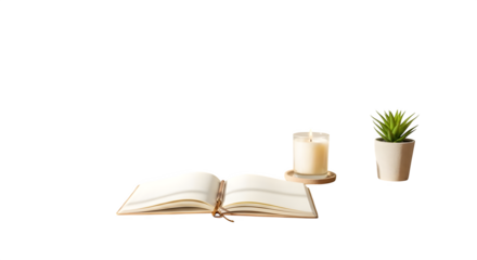 Open book with candle and potted plant isolated on transparent background