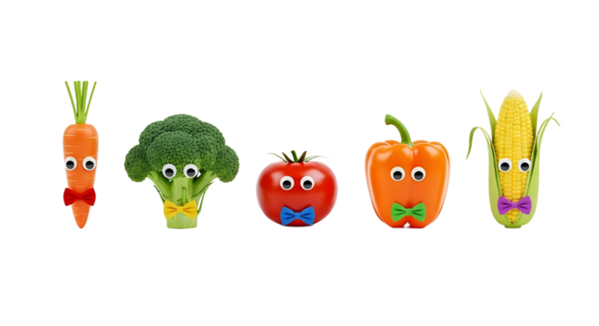 Cute and funny vegetable characters wearing bow ties for healthy eating concept isolated PNG with Transparent Background