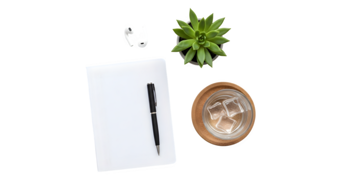 Overhead shot of a desk with a succulent, drink, notebook, and pen isolated on transparent background
