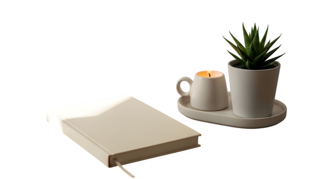 A book, candle, and potted plant on a tray isolated on transparent background