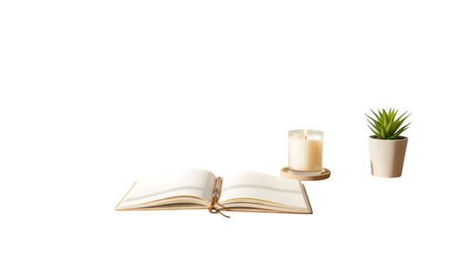 Open book with candle and potted plant isolated on transparent background