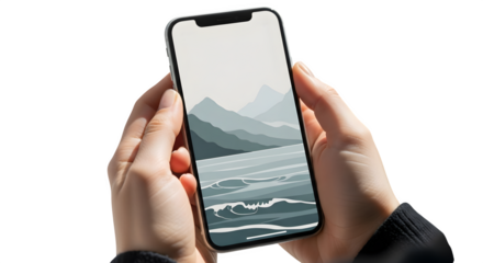 Hands holding a smartphone with a pixel art mountain landscape isolated on transparent background