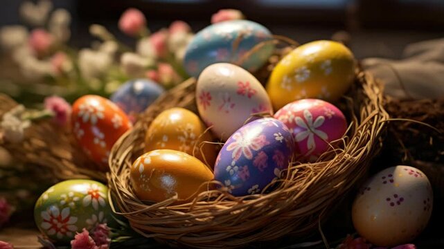 A basket of eggs with flowers painted on them. There are many different colors and designs. The basket is on a table