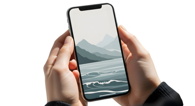 Hands holding a smartphone with a pixel art mountain landscape isolated on transparent background